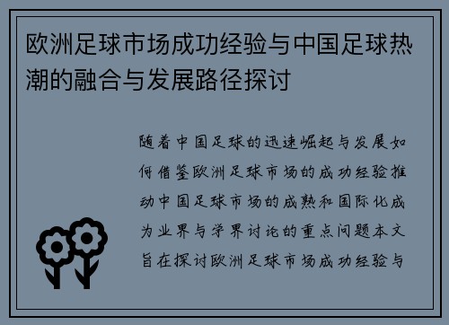 欧洲足球市场成功经验与中国足球热潮的融合与发展路径探讨