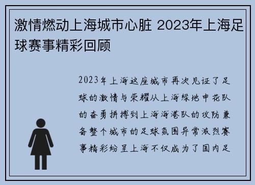 激情燃动上海城市心脏 2023年上海足球赛事精彩回顾